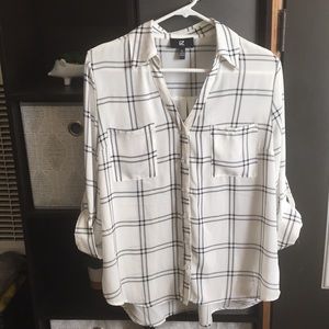 White Plaid Button Down 3/4 Sleeve Blouse